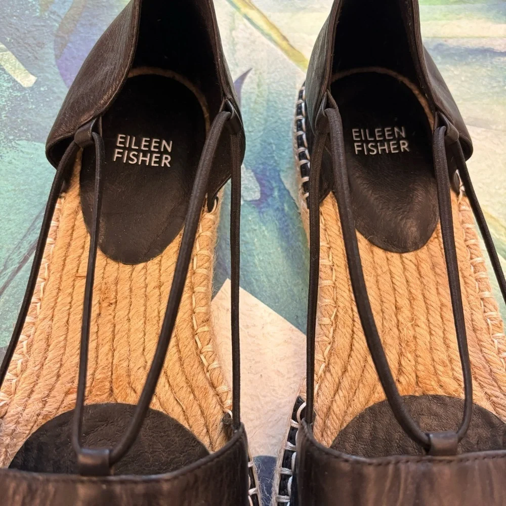 EILEEN FISHER Lee Leather Espadrille Black Size 10 Flats